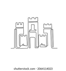 Una línea contínua dibujando el castillo del caballero. Fortaleza medieval de piedra con torre, pared y puerta. Protección contra enemigos. Fiabilidad y defensa de la ciudad. Gráfico vectorial de diseño de trazos de línea única