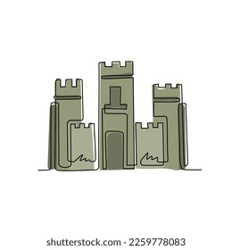 Continuous one line drawing knight's castle. Stone medieval fortress with tower, wall and gate. Protection from enemies. Reliability and defense of the city. Single line draw design vector graphic