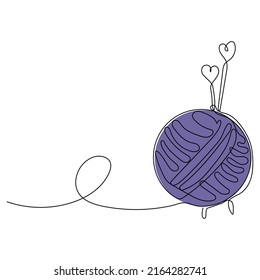 Continuous one line drawing of knitting needles and yarn. Vector illustration on isolated background