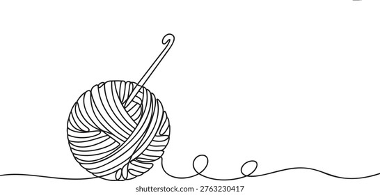 continuous one line drawing of knitting yarn ball with crochet hook, graphic illustration of needlework art, creative hobby supplies, craft work tools, simple vector sketch style.