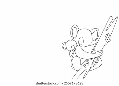 Continuous one line drawing koala carrying her baby and climbing a tree trunk. Really enjoyed climbing the eucalyptus tree. International Wild Koala Day. Single line draw design vector illustration