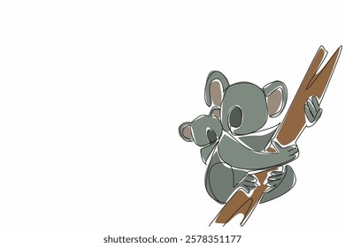 Continuous one line drawing koala carrying her baby and climbing a tree trunk. Really enjoyed climbing the eucalyptus tree. International Wild Koala Day. Single line draw design vector illustration