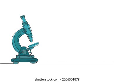 Microscopio de laboratorio de una línea continua para ayudar al médico a descubrir la vacuna. De vuelta al concepto de minimalismo dibujado a mano en la escuela. Diseño de traza de línea única para la ilustración gráfica de vectores educativos