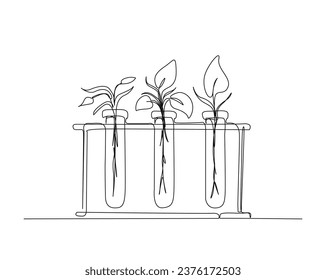 Continuous one line drawing of laboratory test tube with seeding plant. Laboratory equipment outline vector illustration. Research and science concept. Editable stroke. 	