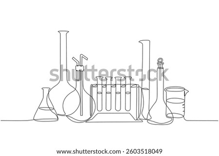 Continuous one line drawing of laboratory glassware, including beakers, test tubes and flasks. Minimalist science concept, perfect for medical, research, and chemistry-related designs. Editable stroke