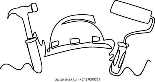 Dibujo continuo de una línea Concepto de día de trabajo Casco de construcción con herramientas ilustración vectorial