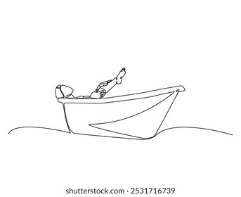 Continuous one line drawing of lady relaxing in the bath. Beautiful lady in the bathtub line art vector illustration. Editable vector. 
