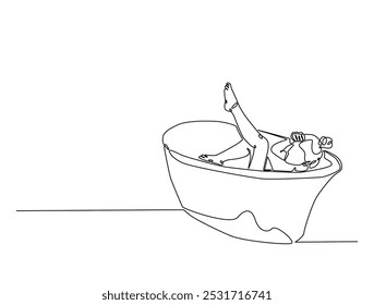 Continuous one line drawing of lady relaxing in the bath. Beautiful lady in the bathtub line art vector illustration. Editable vector. 
