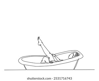 Continuous one line drawing of lady relaxing in the bath. Beautiful lady in the bathtub line art vector illustration. Editable vector. 
