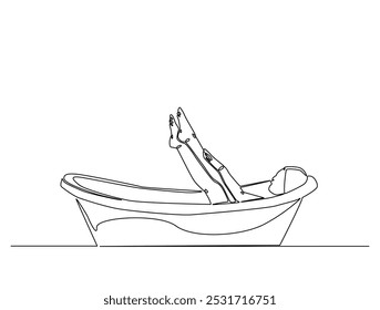 Continuous one line drawing of lady relaxing in the bath. Beautiful lady in the bathtub line art vector illustration. Editable vector. 
