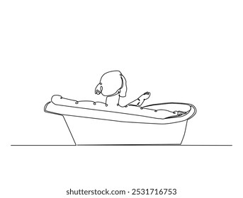 Continuous one line drawing of lady relaxing in the bath. Beautiful lady in the bathtub line art vector illustration. Editable vector. 
