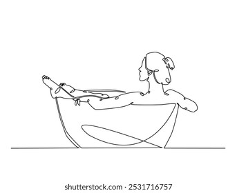 Continuous one line drawing of lady relaxing in the bath. Beautiful lady in the bathtub line art vector illustration. Editable vector. 
