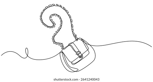 Continuous one line drawing of Lady's hand bag. Women's bag single line art vector illustration. Editable vector, Elegant woman bag one line drawing on white isolated background, One continuous line