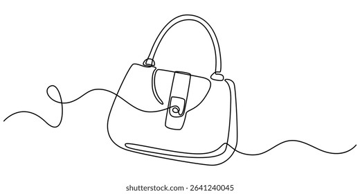 Continuous one line drawing of Lady's hand bag. Women's bag single line art vector illustration. Editable vector, Elegant woman bag one line drawing on white isolated background, One continuous line