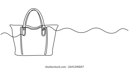 Continuous one line drawing of Lady's hand bag. Women's bag single line art vector illustration. Editable vector, Elegant woman bag one line drawing on white isolated background, One continuous line