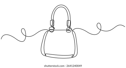 Continuous one line drawing of Lady's hand bag. Women's bag single line art vector illustration. Editable vector, Elegant woman bag one line drawing on white isolated background, One continuous line