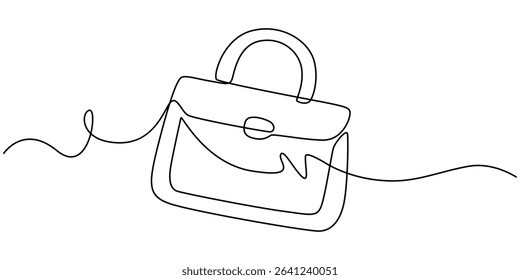 Continuous one line drawing of Lady's hand bag. Women's bag single line art vector illustration. Editable vector, Elegant woman bag one line drawing on white isolated background, One continuous line