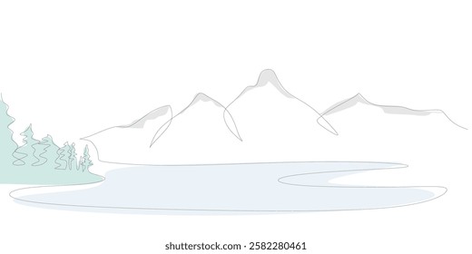 Continuous one line drawing of a lake surrounded by mountains. Symbol of calmness, relaxation, and outdoor exploration. Vector illustration hand drawn.
