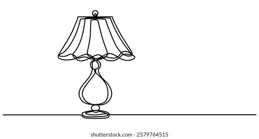 Continuous one line drawing. Lamp on the table. Vector illustration. One continuous drawn line art doodle linear, A simple line drawing of a desk lamp. It shows the lamp's shape and features pro line.