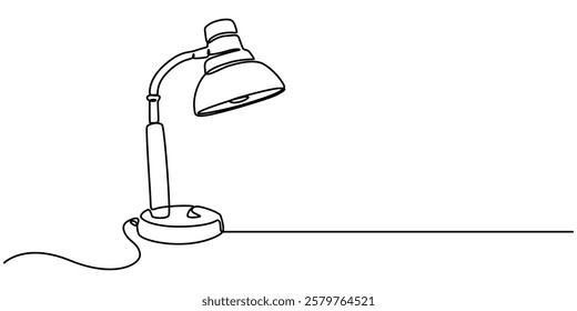 Continuous one line drawing. Lamp on the table. Vector illustration. One continuous drawn line art doodle linear, A simple line drawing of a desk lamp. It shows the lamp's shape and features pro line.