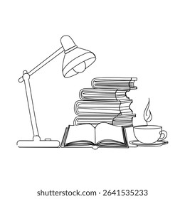 Continuous one line drawing of lamp, books and cup of coffee. Concept of education, self-development. Vector illustration 