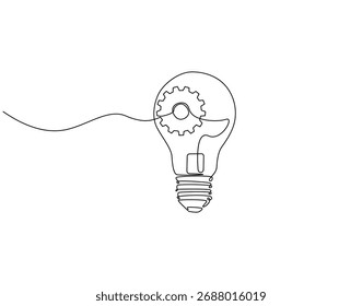 Continuous one line drawing of lamp bulb with gears machine inside. One line drawing illustration of bulb and gears machine mix. Innovation on progress concept single line. Editable outline
