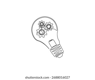 desenho contínuo de uma linha da lâmpada com engrenagens máquina dentro. Ilustração de desenho de uma linha de bulbo e engrenagens mistura de máquinas. Inovação no conceito de progresso linha única. Estrutura de tópicos editável