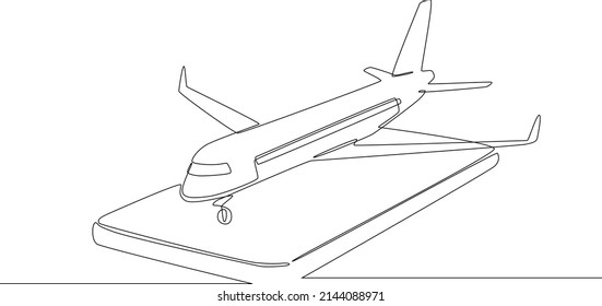 Continuous one line drawing of landing air plane on smartphone. Single line draw design vector graphic illustration.