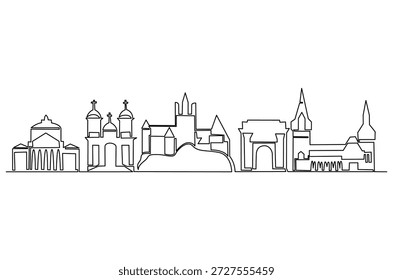 Dibujo continuo de una línea de Lugar famoso en Bucarest, Rumania. Ilustración de dibujo de una sola línea de edificios históricos de Rumania. Arte vectorial de concepto de arquitectura de construcción. Ilustración de línea Doodle.