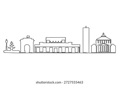 Dibujo continuo de una línea de Lugar famoso en Bucarest, Rumania. Ilustración de dibujo de una sola línea de edificios históricos de Rumania. Arte vectorial de concepto de arquitectura de construcción. Ilustración de línea Doodle.