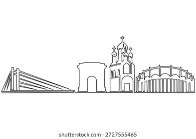 Dibujo continuo de una línea de Lugar famoso en Bucarest, Rumania. Ilustración de dibujo de una sola línea de edificios históricos de Rumania. Arte vectorial de concepto de arquitectura de construcción. Ilustración de línea Doodle.