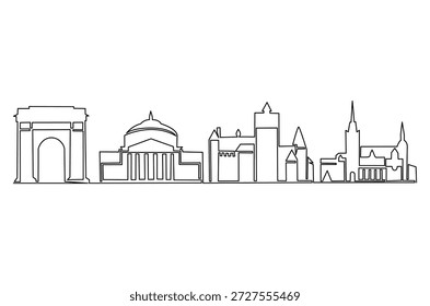 Dibujo continuo de una línea de Lugar famoso en Bucarest, Rumania. Ilustración de dibujo de una sola línea de edificios históricos de Rumania. Arte vectorial de concepto de arquitectura de construcción. Ilustración de línea Doodle.