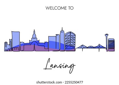 Continuous one line drawing of Lansing Skyline with Welcome to Lansing Copywriting. Hand drawing style design for The capital city of Michigan United States of America tourism concept. 