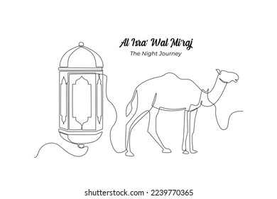 Continuous one line drawing lantern and camel. Isra Miraj Islamic events concept. Single line draw design vector graphic illustration.