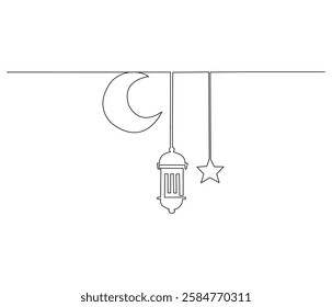 Continuous one line drawing of lantern, moon and star islamic decoration. Single line drawing illustration for greeting card. Ramadan kareem concept vector art. Doodle line illustration.

