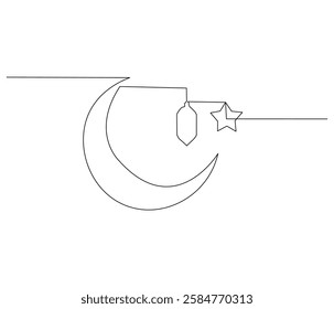 Continuous one line drawing of lantern, moon and star islamic decoration. Single line drawing illustration for greeting card. Ramadan kareem concept vector art. Doodle line illustration.

