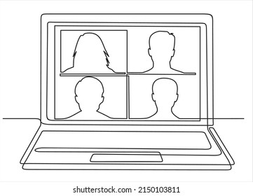 Continuous one line drawing of laptop on the desk with some people on screen for online class. E-learning, online education concept isolated on white background. Vector illustration