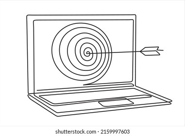 Continuous one line drawing of laptop with arrow on target circle.Target bullseye or arrow on target. The online business grows according to the goals set. Business market concept. 