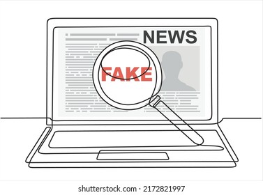 Continuous one line drawing of laptop with fake news on the screen and magnifying glass. Detecting fake news or scanning facts with a magnifying glass. Hand drawn design vector illustration.
