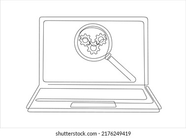 Continuous One Line Drawing Of Laptop And Magnifying Glass With Gear. Search Engine Optimization Line Icon Vector Illustration Concept