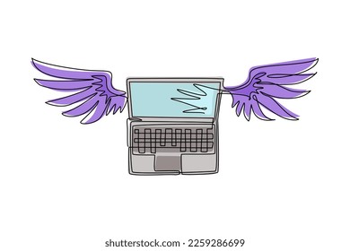 Continuous one line drawing laptop with wings flying in the sky. Cloud computing concept. Laptop computers with wings flying toward the "cloud". Single line draw design vector graphic illustration