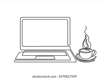 Continuous one line drawing of a laptop and a cup of coffee or tea. Vector linear icon illustration