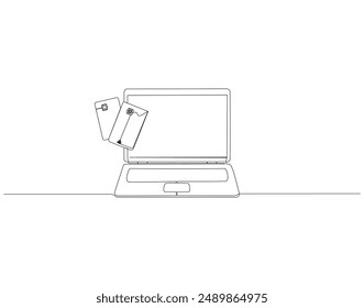 Dibujo continuo de una línea de la computadora portátil con tarjetas de crédito. Ilustración de dibujo de una sola línea de computadora portátil con tarjetas de crédito. Comercio electrónico, Negocios, Compras arte de línea de concepto. Esquema editable
