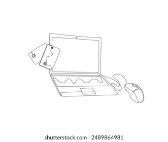 Continuous one line drawing of laptop with credit cards. Single line drawing illustration of laptop computer with credit cards. E-commerce, Businnes, Shopping concept line art. Editable outline
