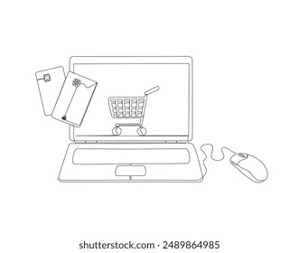 Continuous one line drawing of laptop with credit cards. Single line drawing illustration of laptop computer with credit cards. E-commerce, Businnes, Shopping concept line art. Editable outline
