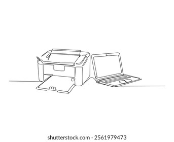 Continuous one line drawing of laptop and multifunction inkjet printer. Office printing device in single line draw vector illustration. Editable line vector. 