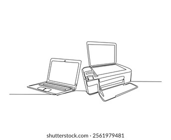 Continuous one line drawing of laptop and multifunction inkjet printer. Office printing device in single line draw vector illustration. Editable line vector. 