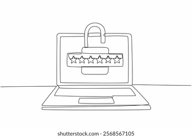 Continuous one line drawing laptop with open padlock logo in the middle of screen. Good information security management. Need password. World Password Day. Single line draw design vector illustration