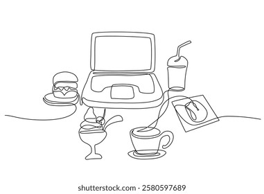 Continuous One line drawing of a laptop with fast food, coffee, and a smoothie. A creative workspace concept blending technology and leisure, perfect for freelance or remote work themes. Editable line