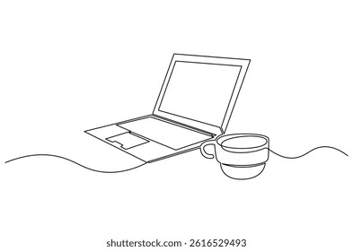 Continuous one line drawing of Laptop and a cup of coffee or tea. Single line drawing illustration of Laptop and cup coffe. Relax concept vector art. Doodle line illustration.